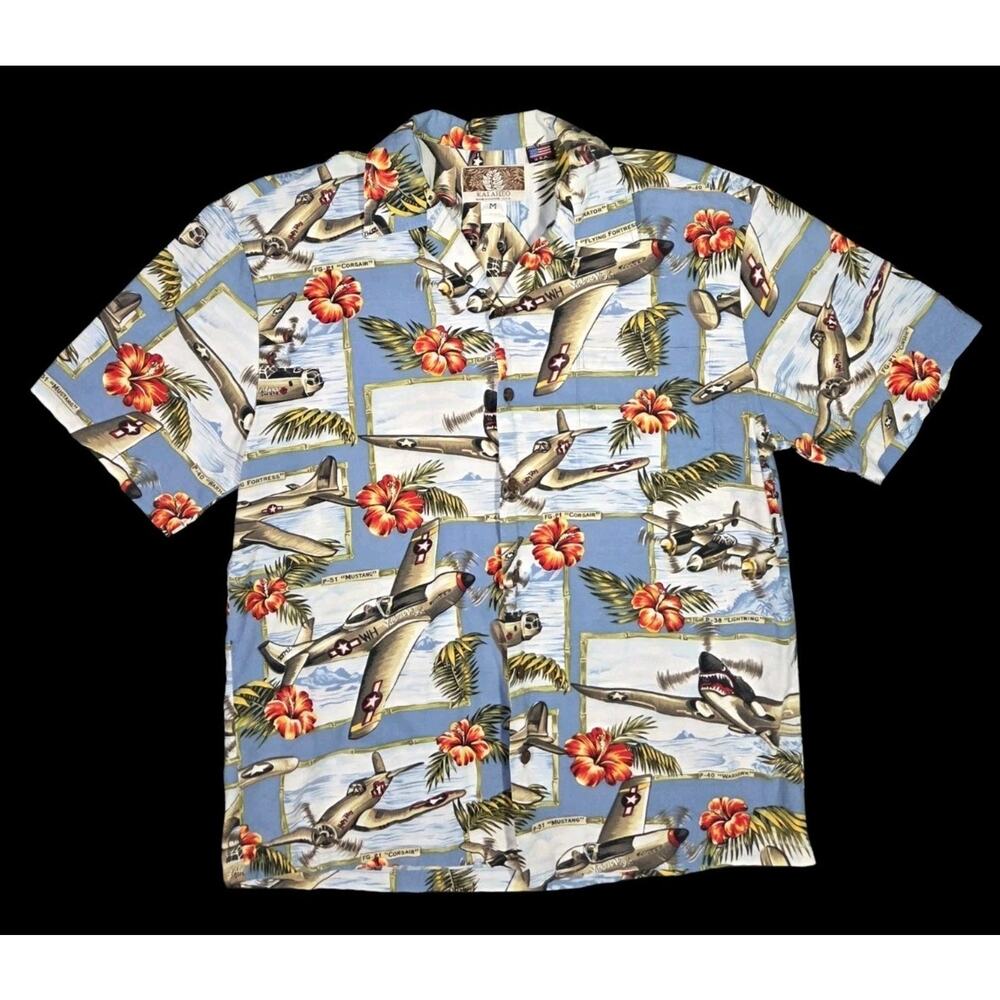 Kalaheo Hawaiian Shirt P-51 Mustang USA Button-Up Tropical Beach Floral Medium